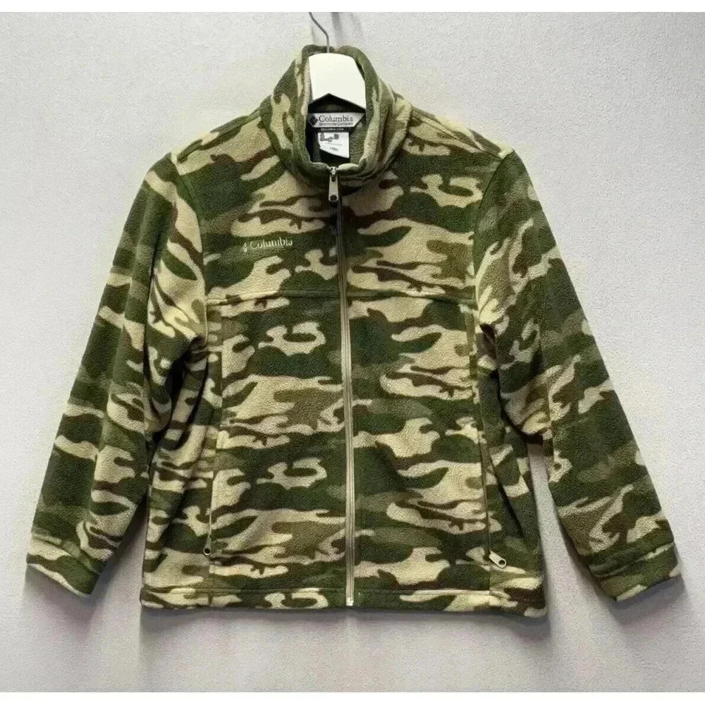 Columbia Sweater Kids 10/12 Fleece Camo Green Pullover Zip Front Youth Casual